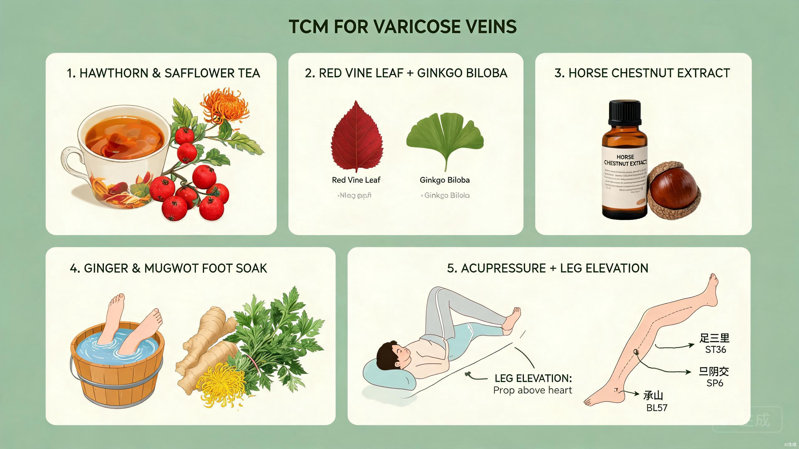 TCM food therapy ingredients for varicose veins including black fungus, celery, hawthorn, salvia root, rose buds, coix seed, kiwi, and walnuts arranged on a rustic wooden surface