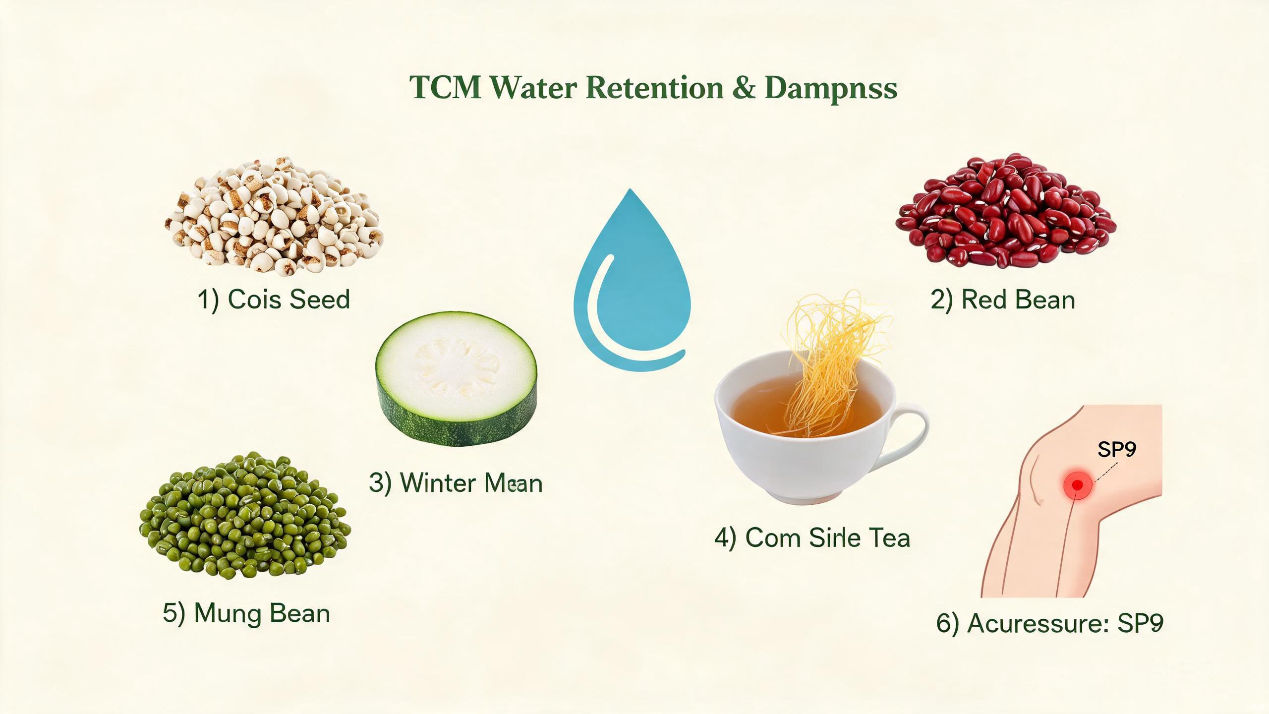 TCM food therapy ingredients for water retention including coix seed, adzuki beans, winter melon, corn silk, and Chinese yam arranged on a wooden surface