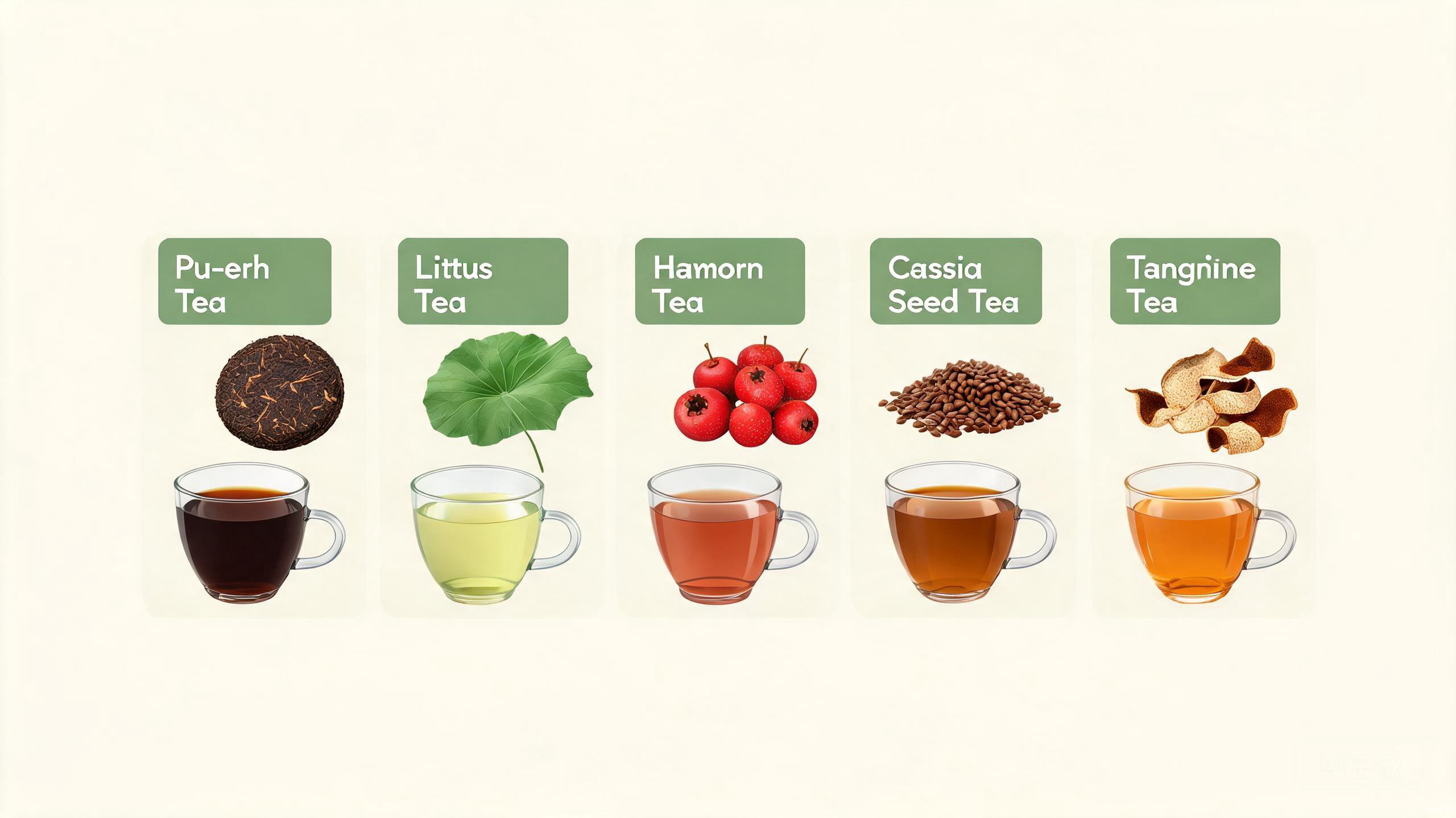 Five TCM weight loss tea ingredients arranged on a wooden surface: hawthorn berries, lotus leaves, dried tangerine peel, pu'er tea, coix seeds, and dried rose buds