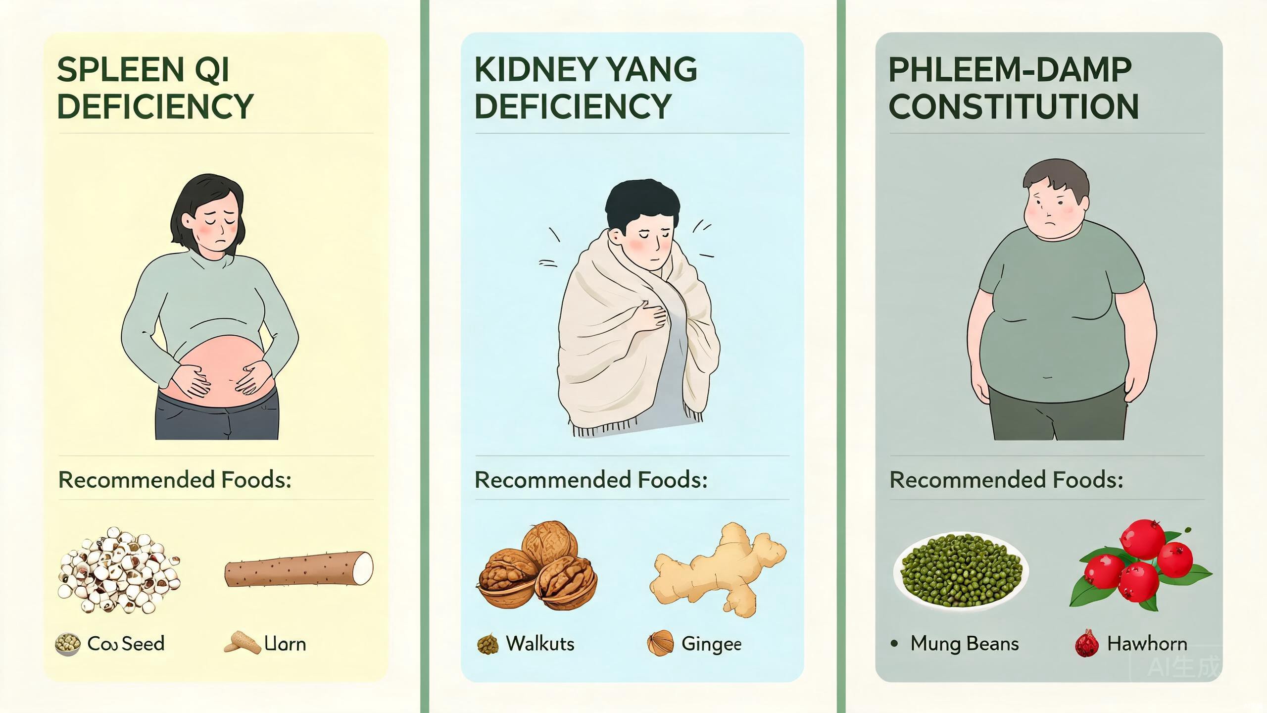 TCM body types diagram showing three weight-related constitutions with their characteristics and recommended foods