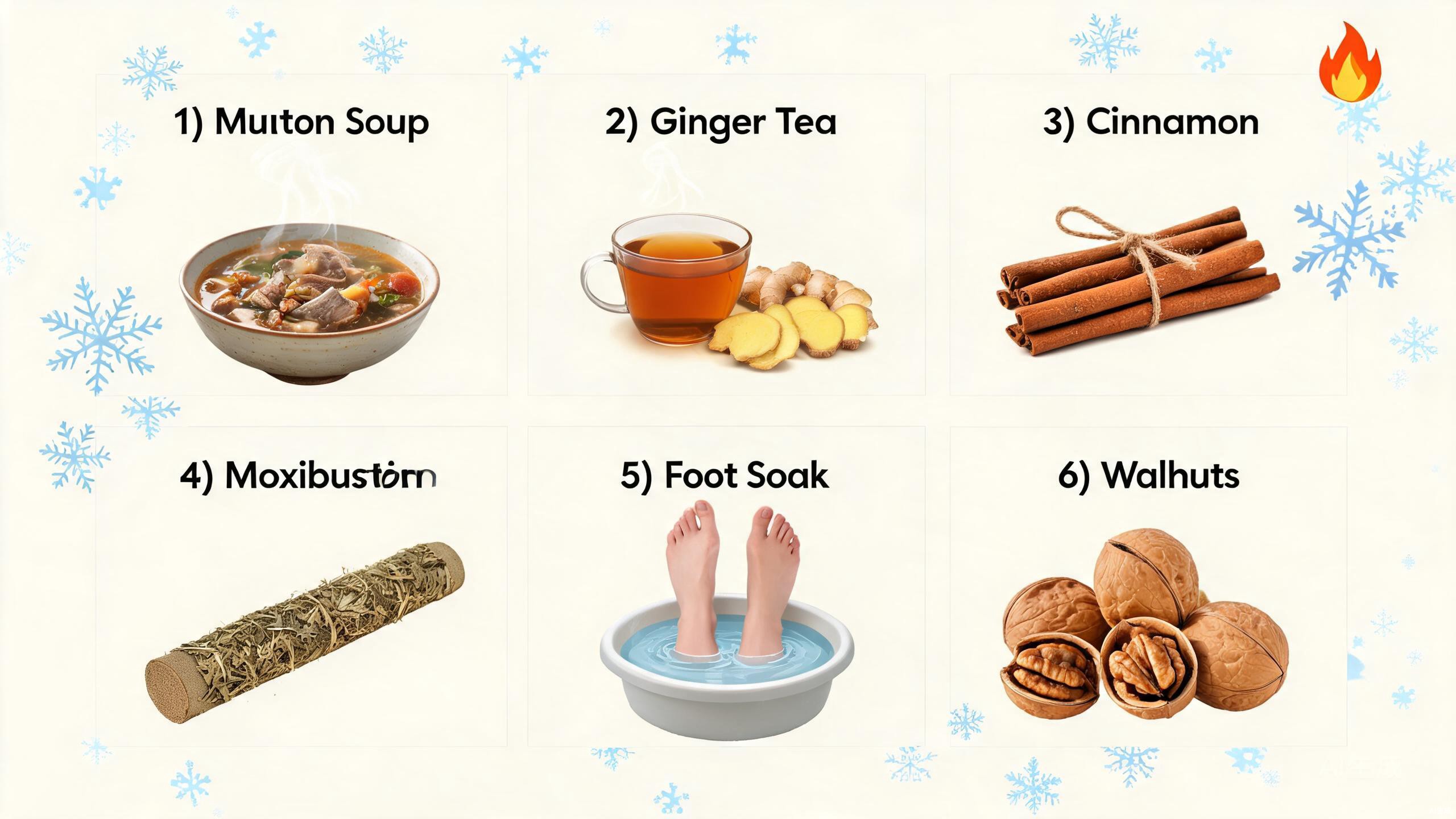 Winter wellness TCM ingredients including walnuts, chestnuts, black rice, red dates, ginger, and cinnamon arranged on a rustic wooden surface with a steaming bowl of porridge