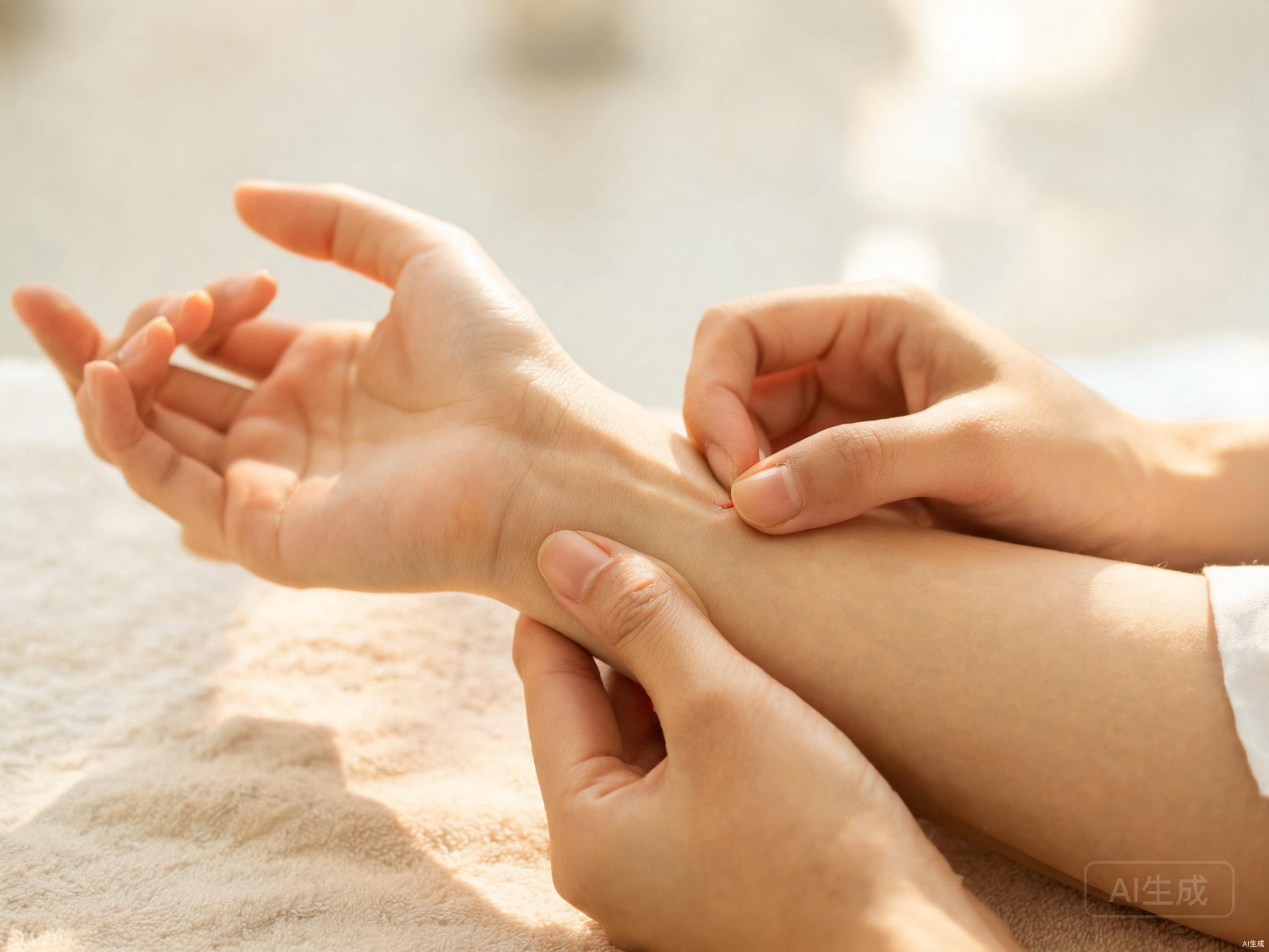 Hands performing acupressure on the wrist