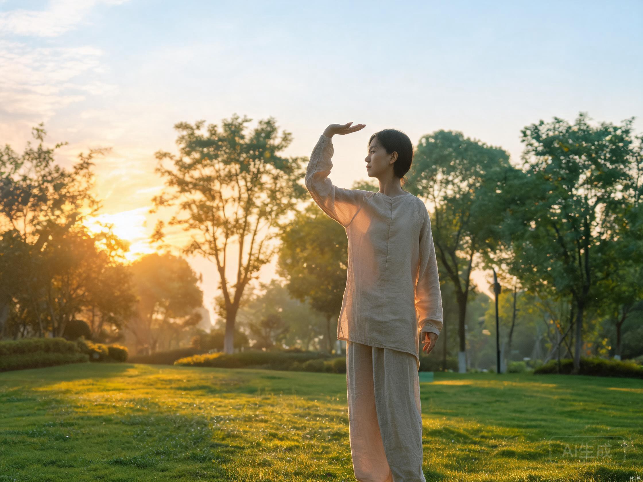 Person practicing qigong movement outdoors