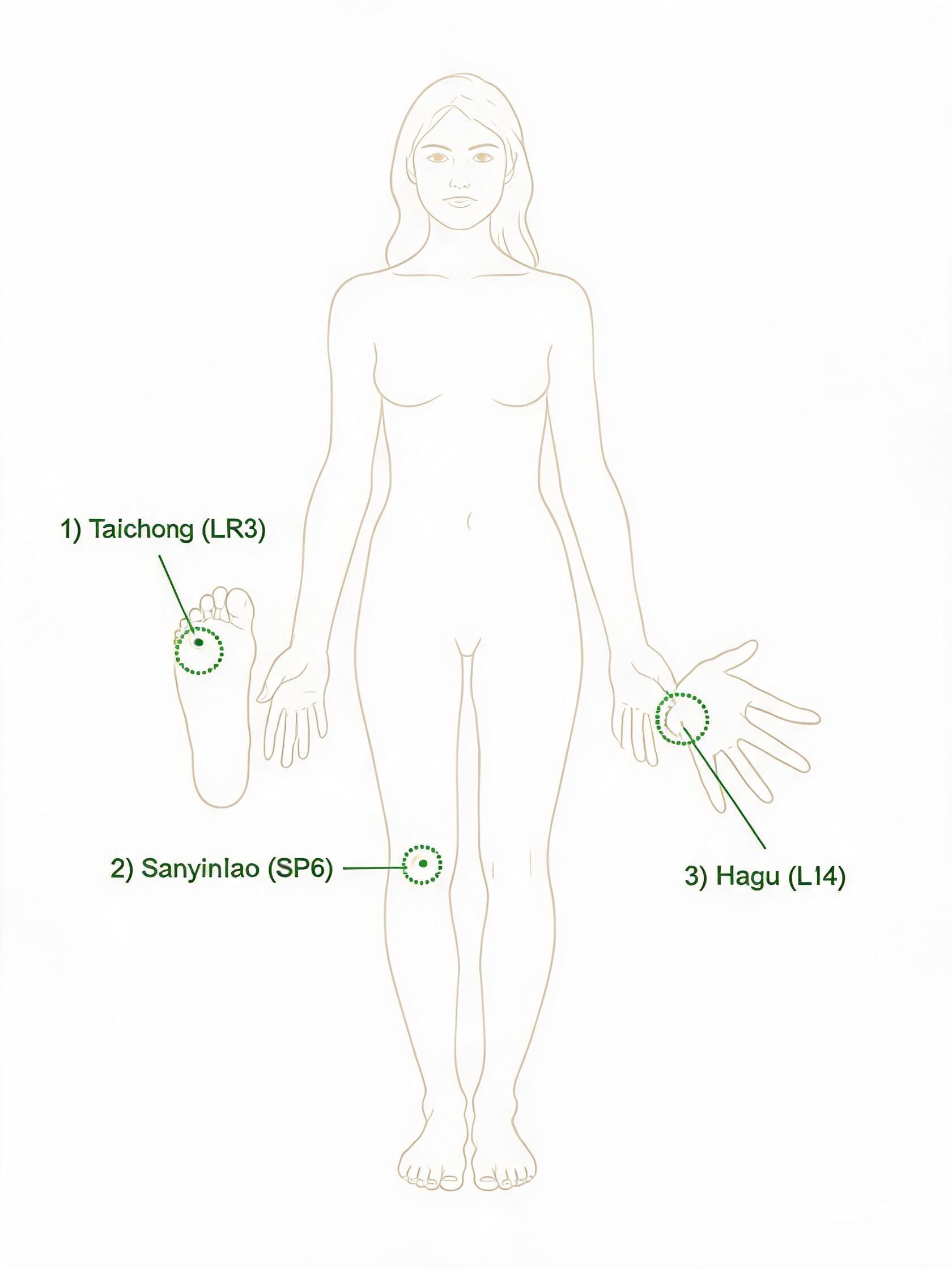Illustration showing three key acupressure points for PMS relief: Taichong (LR3) on the foot, Sanyinjiao (SP6) on the inner leg, and Hegu (LI4) on the hand